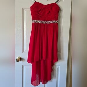 Junior Girls Red Strapless High-Low Dress with Embellished Waist